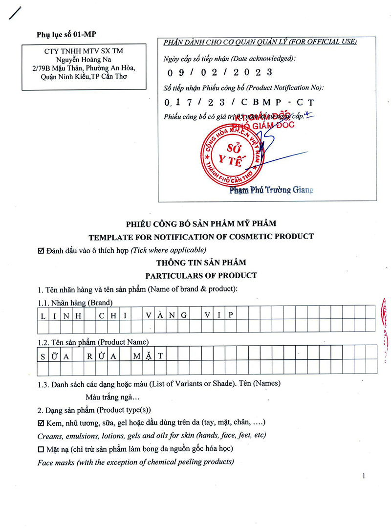 Công bố sữa rửa mặt Linh Chi Vàng