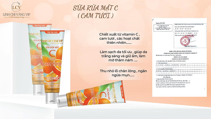 Công bố sản phẩm Sữa Rửa Mặt Trắng Da Vitamin C Cam Tươi Linh Chi Vàng
