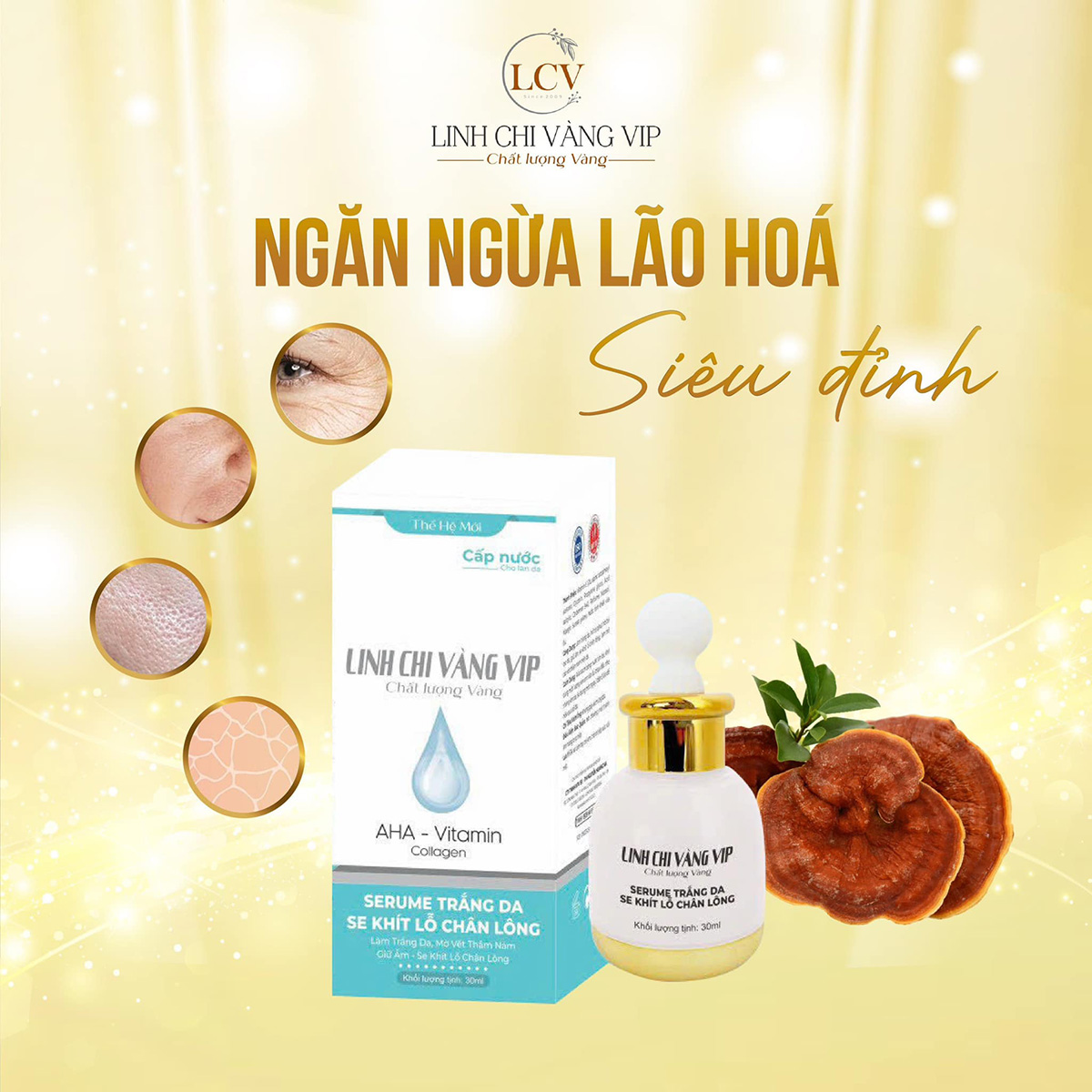 Serum trắng da, se khít lỗ chân lông AHA, Vitamin, Collagen Linh Chi Vàng
