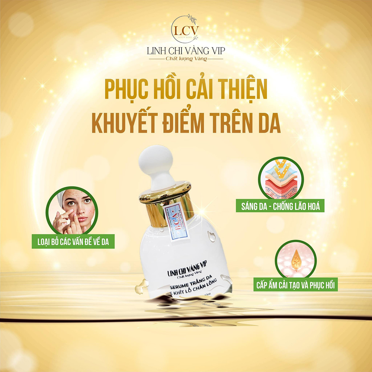 Serum trắng da, se khít lỗ chân lông AHA, Vitamin, Collagen Linh Chi Vàng